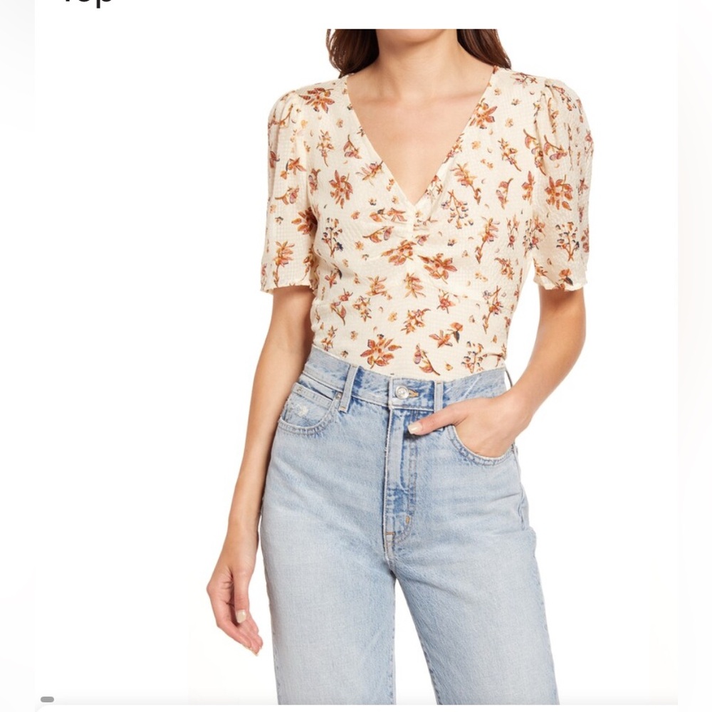 Madewell Cream Floral V-Neck Puff Sleeve Top